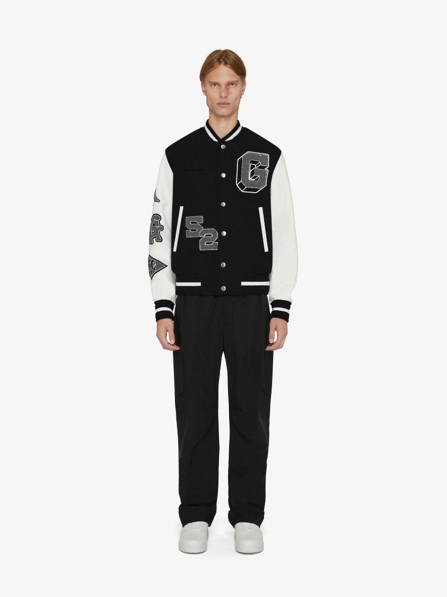 Uomini Givenchy Capispalla E Giubbotti | Giacca Varsity In Lana E Pelle Ricamata Nero Bianco