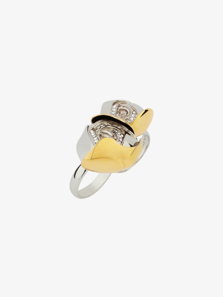 Donne Givenchy Gioielleria | Anello Fiore Doppio Dito In Metallo Con Cristalli Dorato/Argento