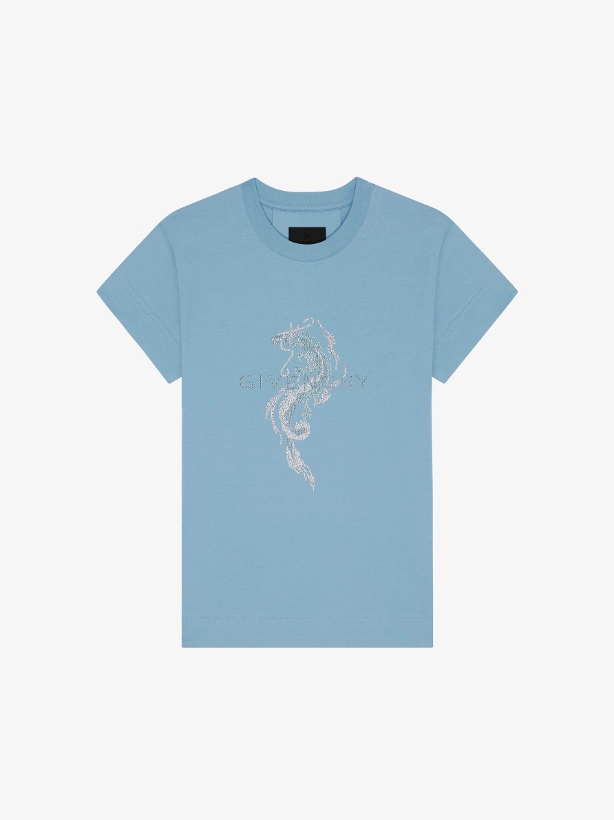 Donne Givenchy Magliette | T-Shirt Slim Fit In Cotone E Dragon Strass Di Givenchy Cielo Blu