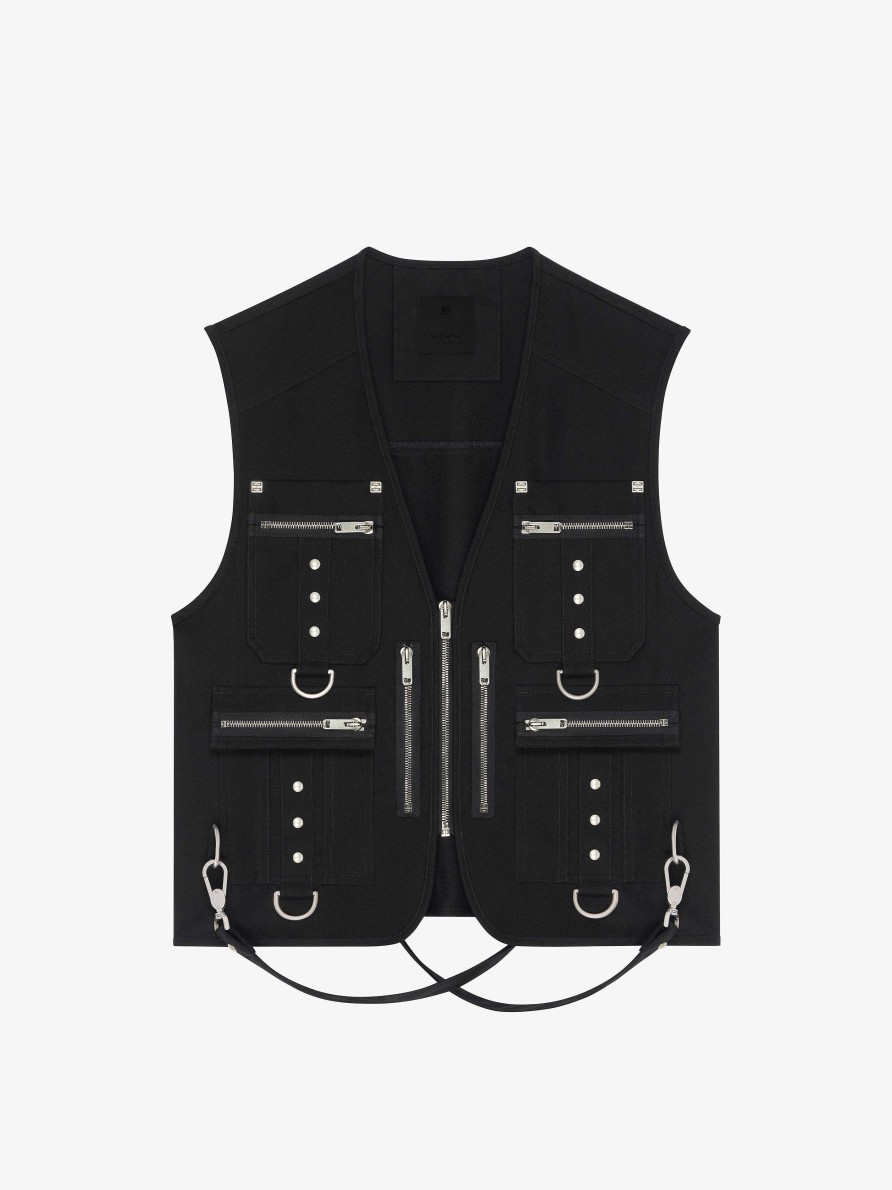 Uomini Givenchy Giacche E Cappotti | Gilet Multitasche In Lana Con Bretelle Nero