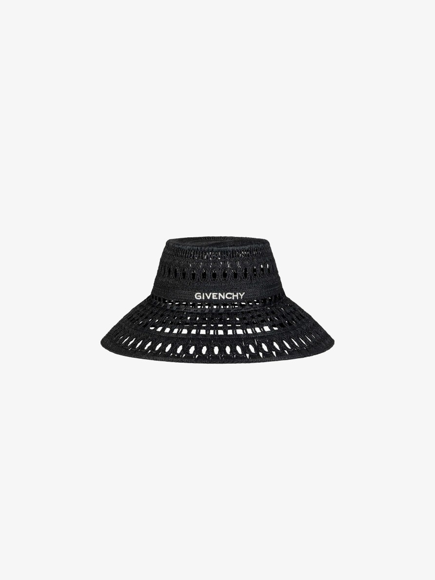 Donne Givenchy Altri Accessori | Cappello Da Pescatore Givenchy In Rafia Allacciata Nero