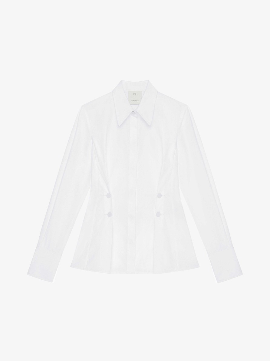 Donne Givenchy Top E Camicie | Camicia In Popeline Con Bottoni Ed Effetto Plisse Bianco