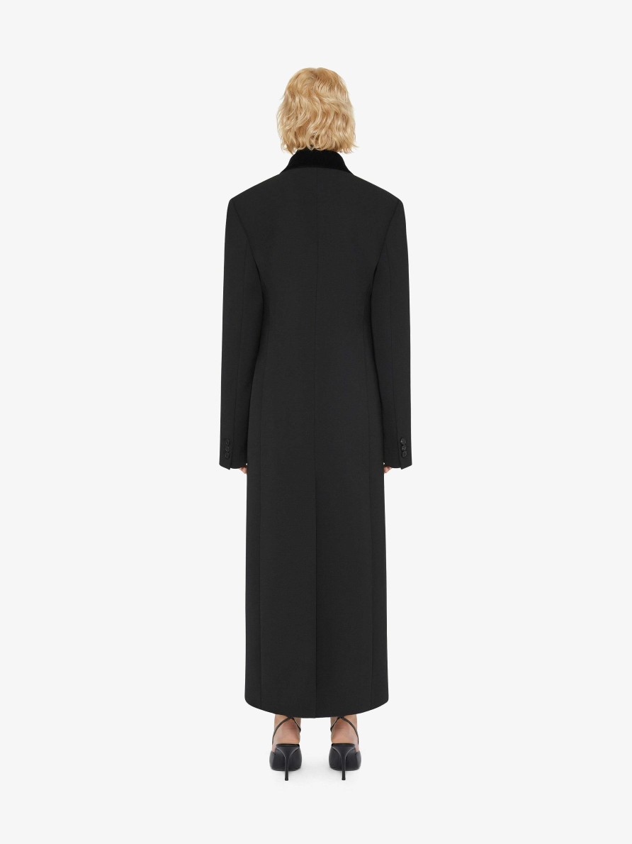 Donne Givenchy Giacche E Cappotti | Cappotto Doppiopetto In Lana Tricotine Con Dettagli In Velluto Nero