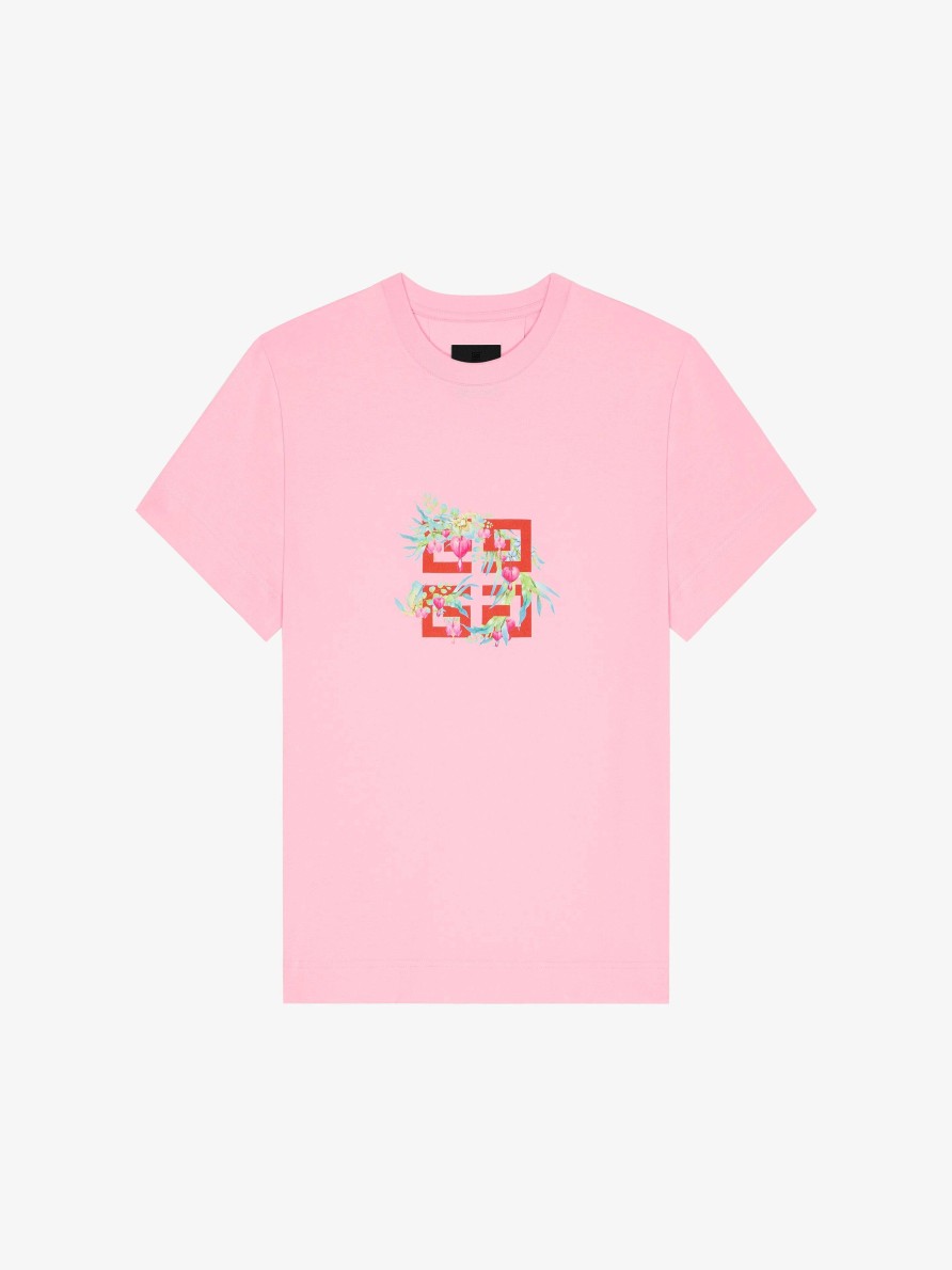 Donne Givenchy Magliette | T-Shirt In Cotone Con Stampa Fiori 4G Rosa Antico