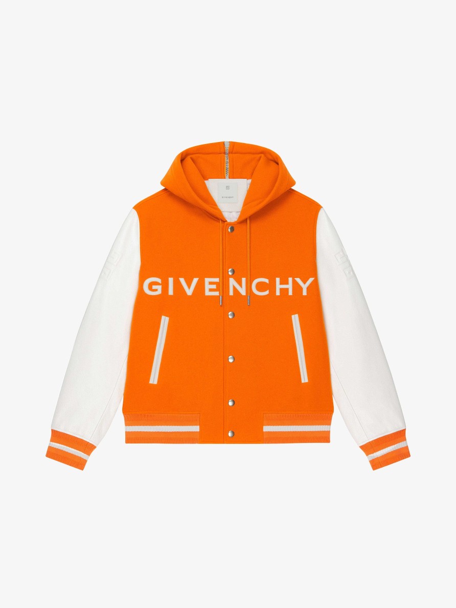 Uomini Givenchy Capispalla E Giubbotti | Giacca Varsity Con Cappuccio Di Givenchy In Lana E Pelle Arancia