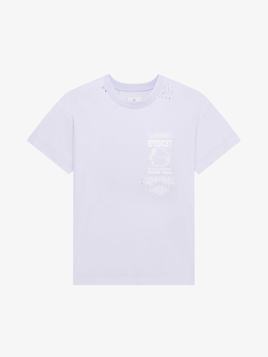 Uomini Givenchy Magliette | T-Shirt In Cotone Con Stampe Givenchy E Farfalle 4G Bambina Blu