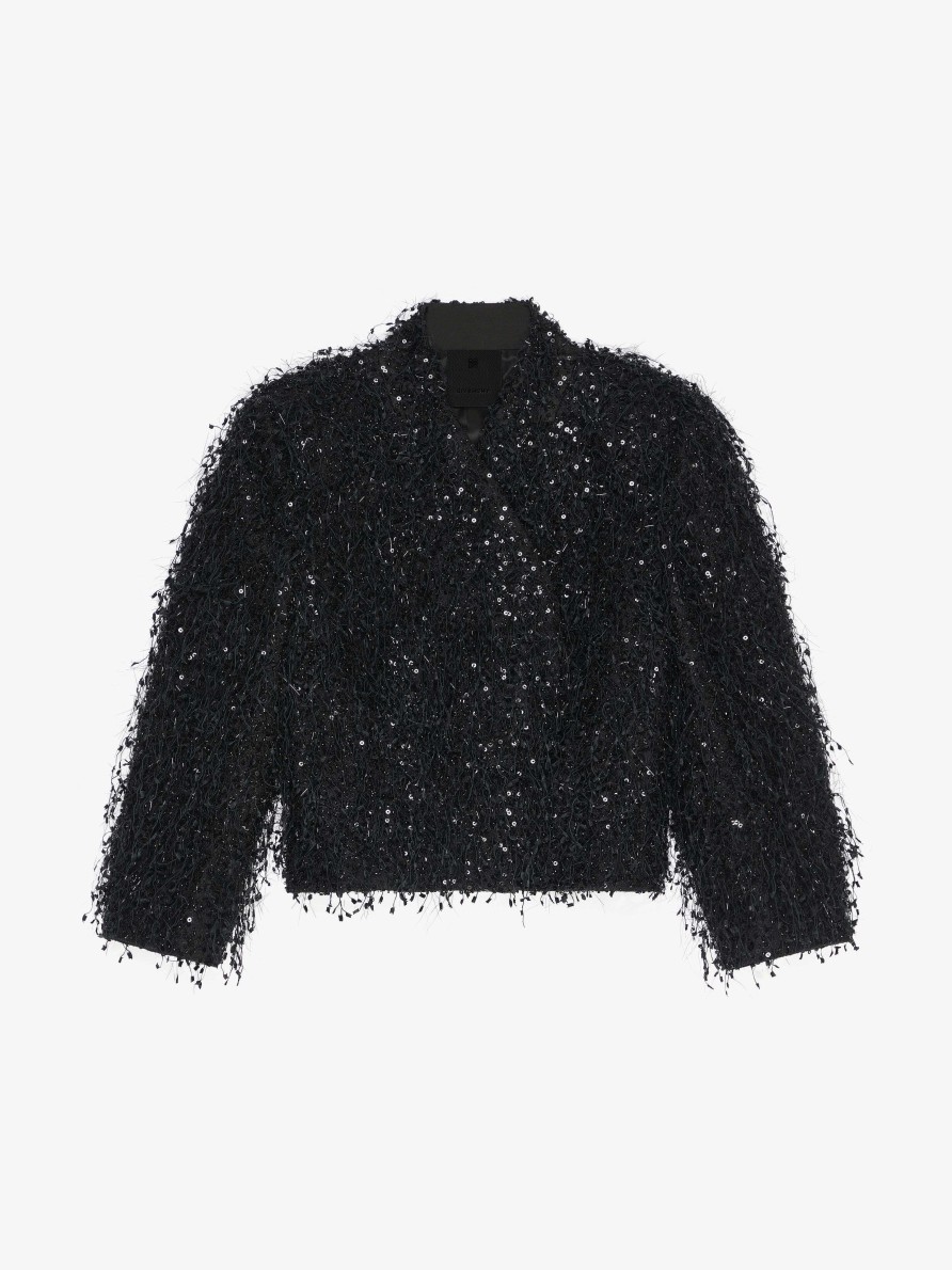 Donne Givenchy Giacche E Cappotti | Giacca Con Frange E Strass Ricamati Nero