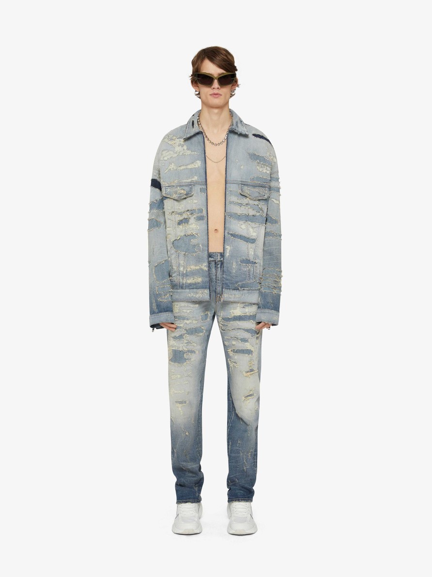 Uomini Givenchy Denim | Giacca Oversize In Denim Strappato E Riparato Azzurro