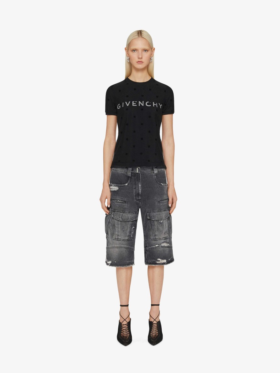 Donne Givenchy Magliette | T-Shirt Aderente A Doppio Strato In Cotone Con Tulle 4G Nero