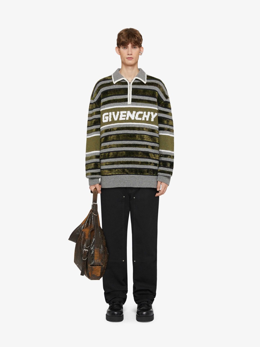 Uomini Givenchy Maglieria | Maglione Givenchy In Lana Con Righe Grigio Verde