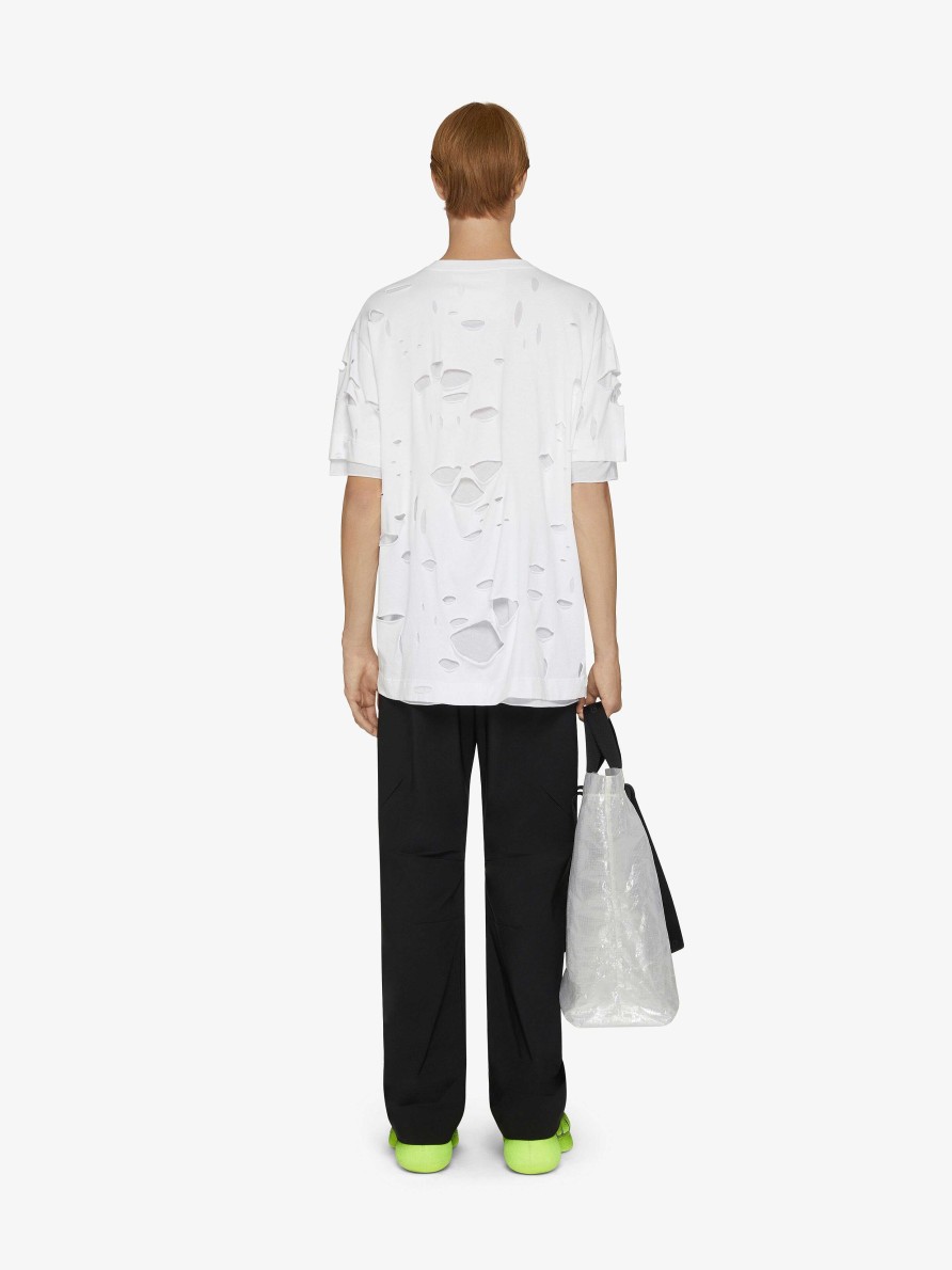 Uomini Givenchy Magliette | T-Shirt Oversize Di Givenchy In Cotone Con Effetto Distrutto Bianco