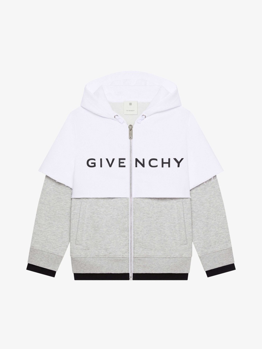 Uomini Givenchy Ragazzo (Da 4 A 12 Anni) | Felpa Con Cappuccio Cucita E Stratificata Di Givenchy In Pile Grigio/Bianco