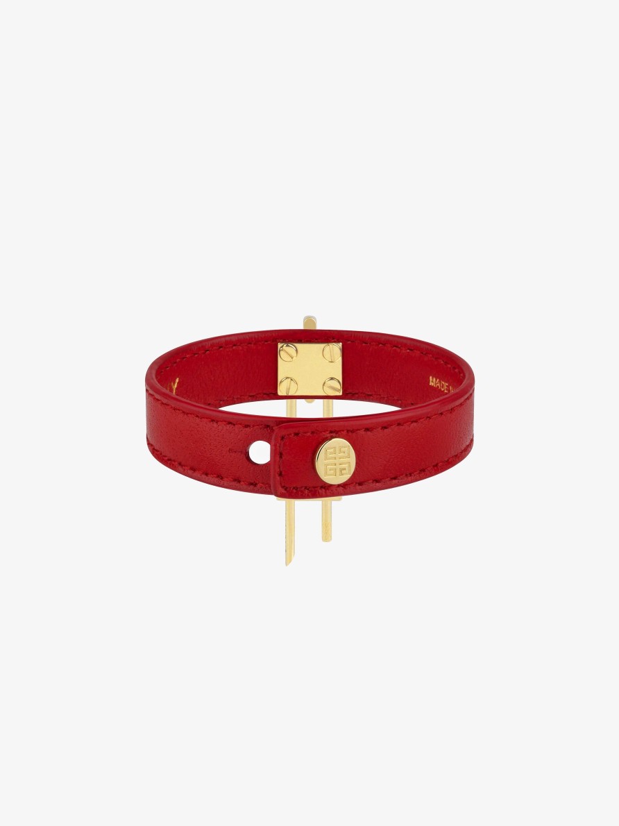 Donne Givenchy Gioielleria | Bracciale Mini Lock In Metallo E Pelle Dorato/Rosso