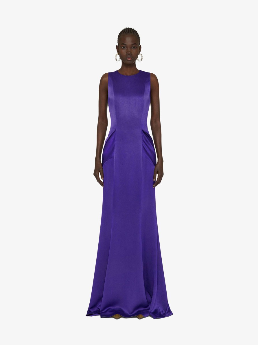 Donne Givenchy Vestiti | Abito Da Sera In Raso Con Tulle E Drappeggio Viola Scuro