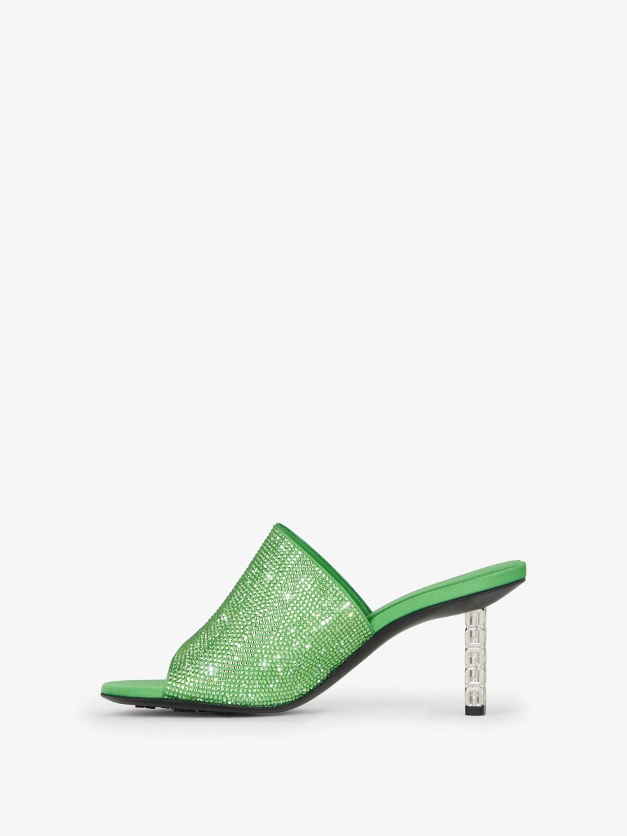 Donne Givenchy Tacchi | Mules G Cube In Raso Con Strass Assenzio Verde