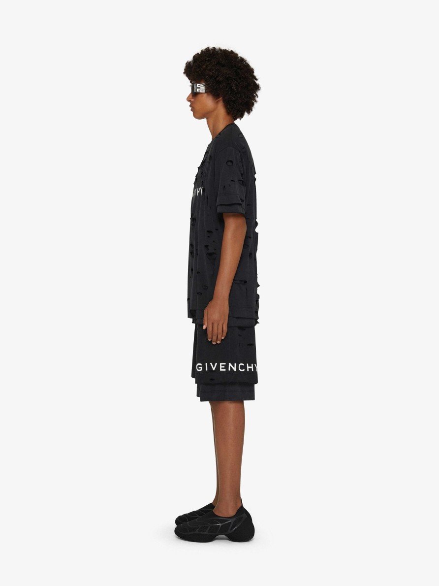 Uomini Givenchy Pantaloncini | Bermuda Givenchy In Felpa Con Effetto Destroyed Nero Sbiadito