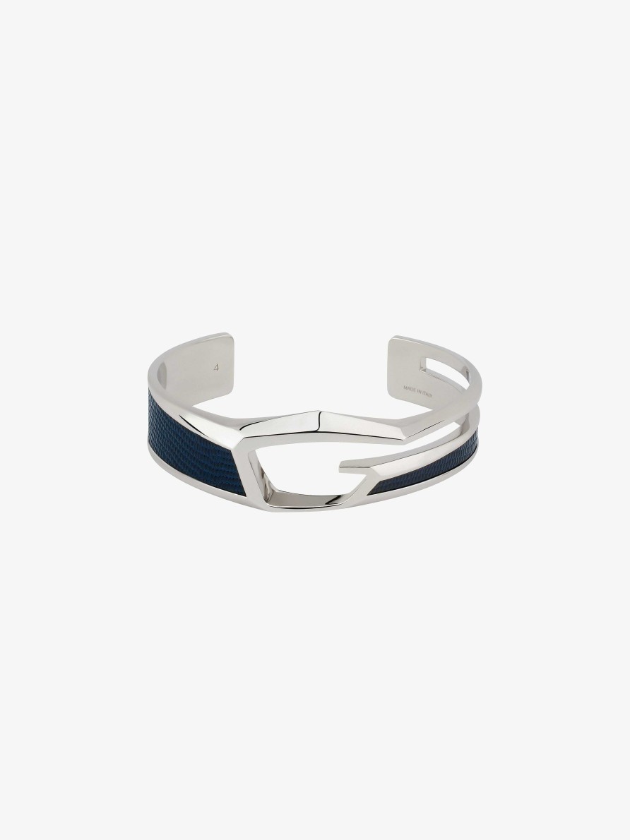 Uomini Givenchy Gioielleria | Bracciale Taglio Giv In Metallo E Pelle Blu/Argento