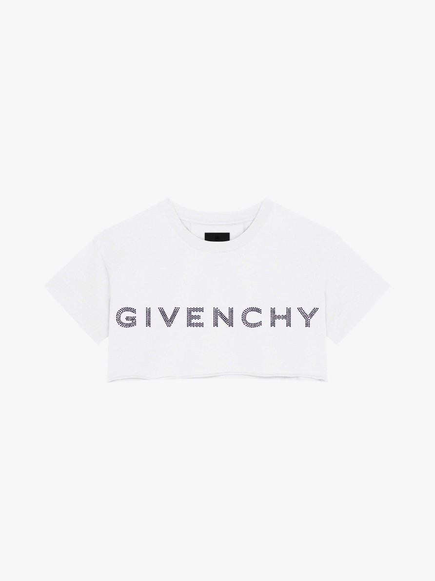 Donne Givenchy Magliette | T-Shirt Cropped In Cotone Con Strass Di Givenchy Bianco