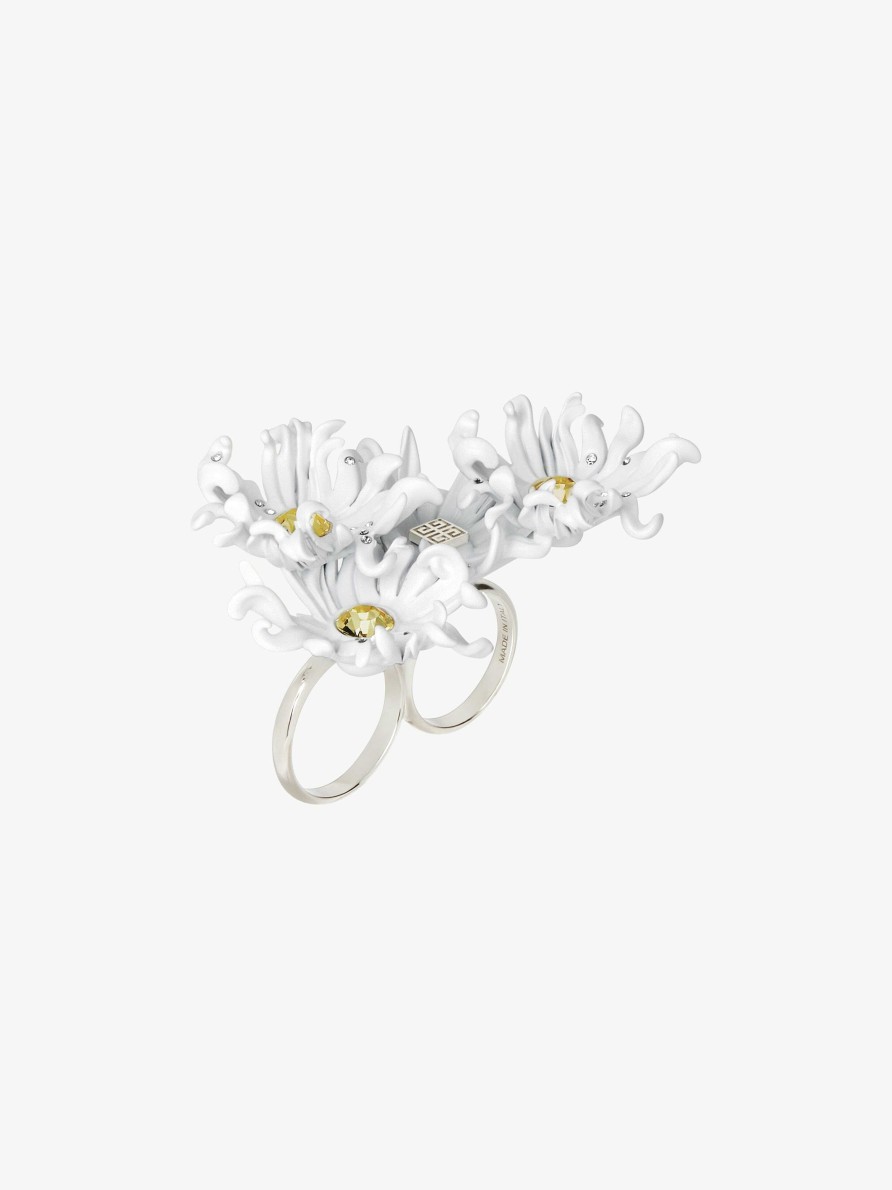 Donne Givenchy Gioielleria | Anello Daisy Double Fingers In Metallo E Smalto Con Cristalli Bianco