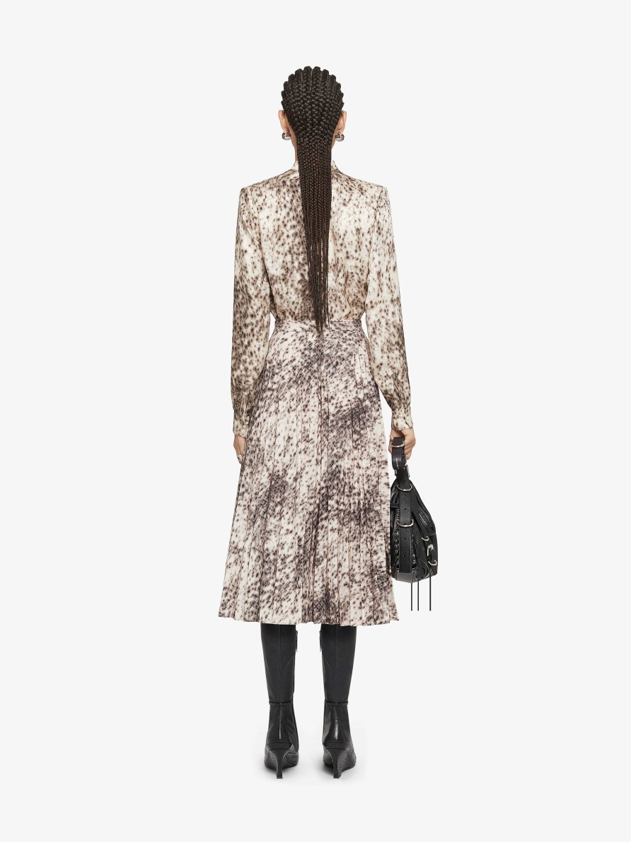 Donne Givenchy Gonne | Gonna A Pieghe In Taffetas Con Stampa Leopardo Delle Nevi Naturale/Marrone