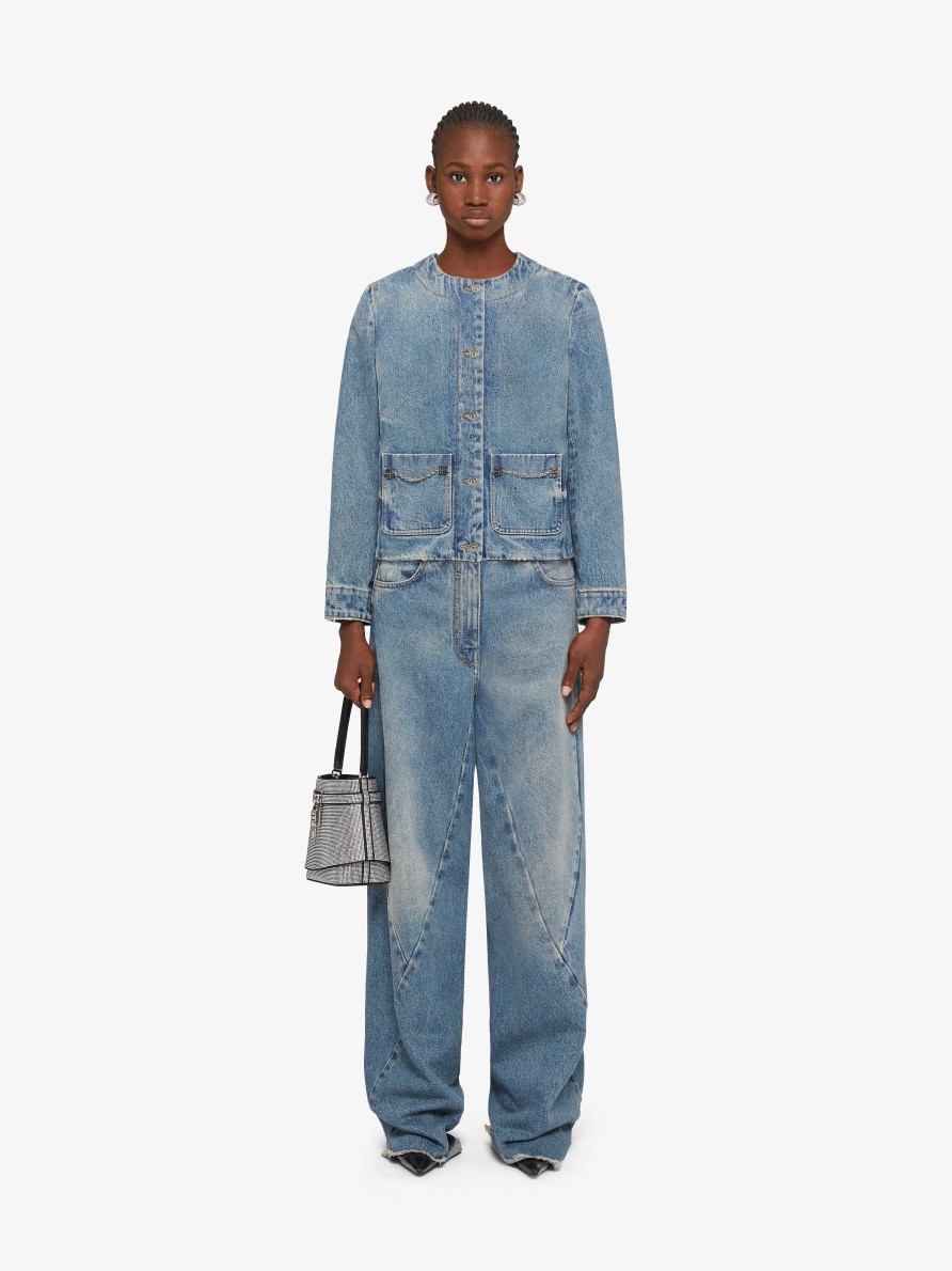 Donne Givenchy Capispalla E Giubbotti | Giacca In Denim Con Dettagli Catena Blu Medio