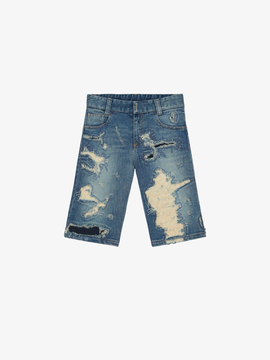 Uomini Givenchy Ragazzo (Da 4 A 12 Anni) | Bermuda In Denim Destroyed Blu Denim