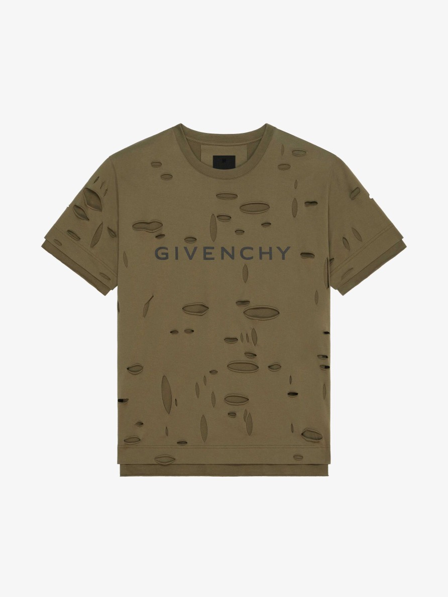 Uomini Givenchy Magliette | T-Shirt Oversize Di Givenchy In Cotone Distrutto Cachi