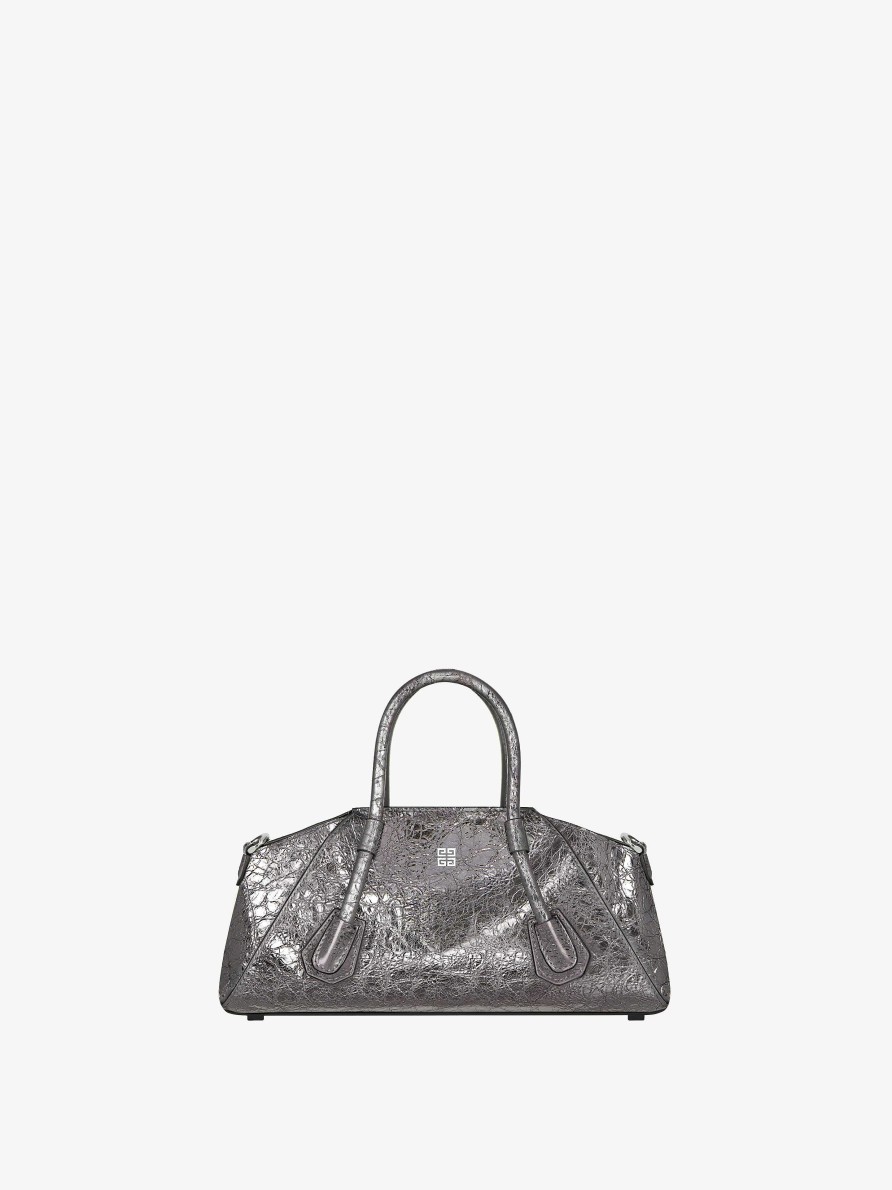 Donne Givenchy Antigona | Borsa Mini Antigona Stretch In Pelle Laminata Grigio Argentato