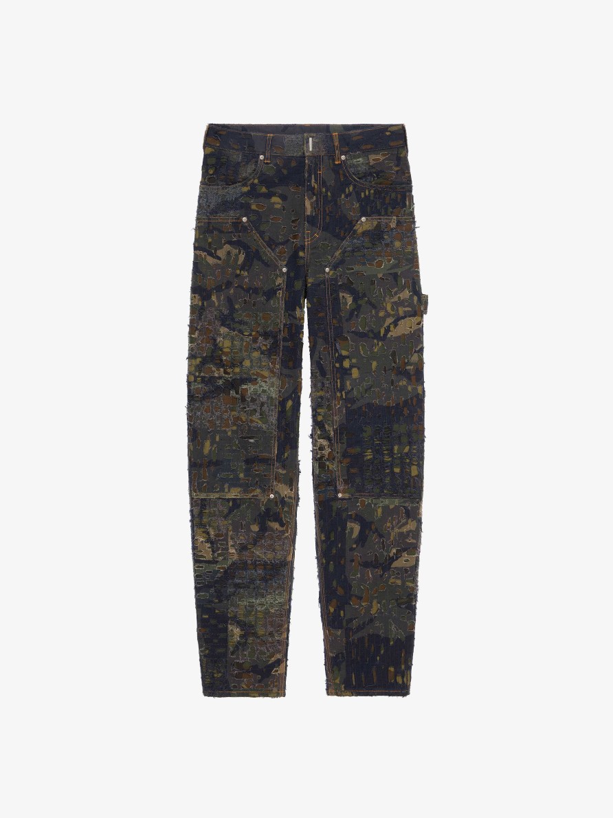 Uomini Givenchy Pantaloni | Jeans Carpenter Camo In Denim Destroyed Effetto Boro Marrone/Cachi