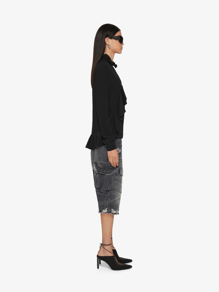 Donne Givenchy Top E Camicie | Blusa In Crepe De Chine Con Volant Nero