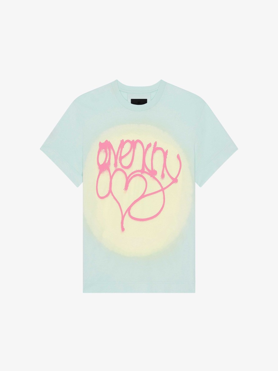 Donne Givenchy Magliette | T-Shirt In Cotone Tie And Dye Con Stampa Givenchy Love Verde Acqua