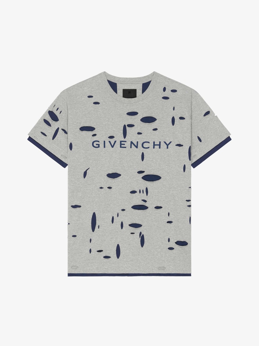 Uomini Givenchy Magliette | T-Shirt Oversize Di Givenchy In Cotone Distrutto Grigio/Blu