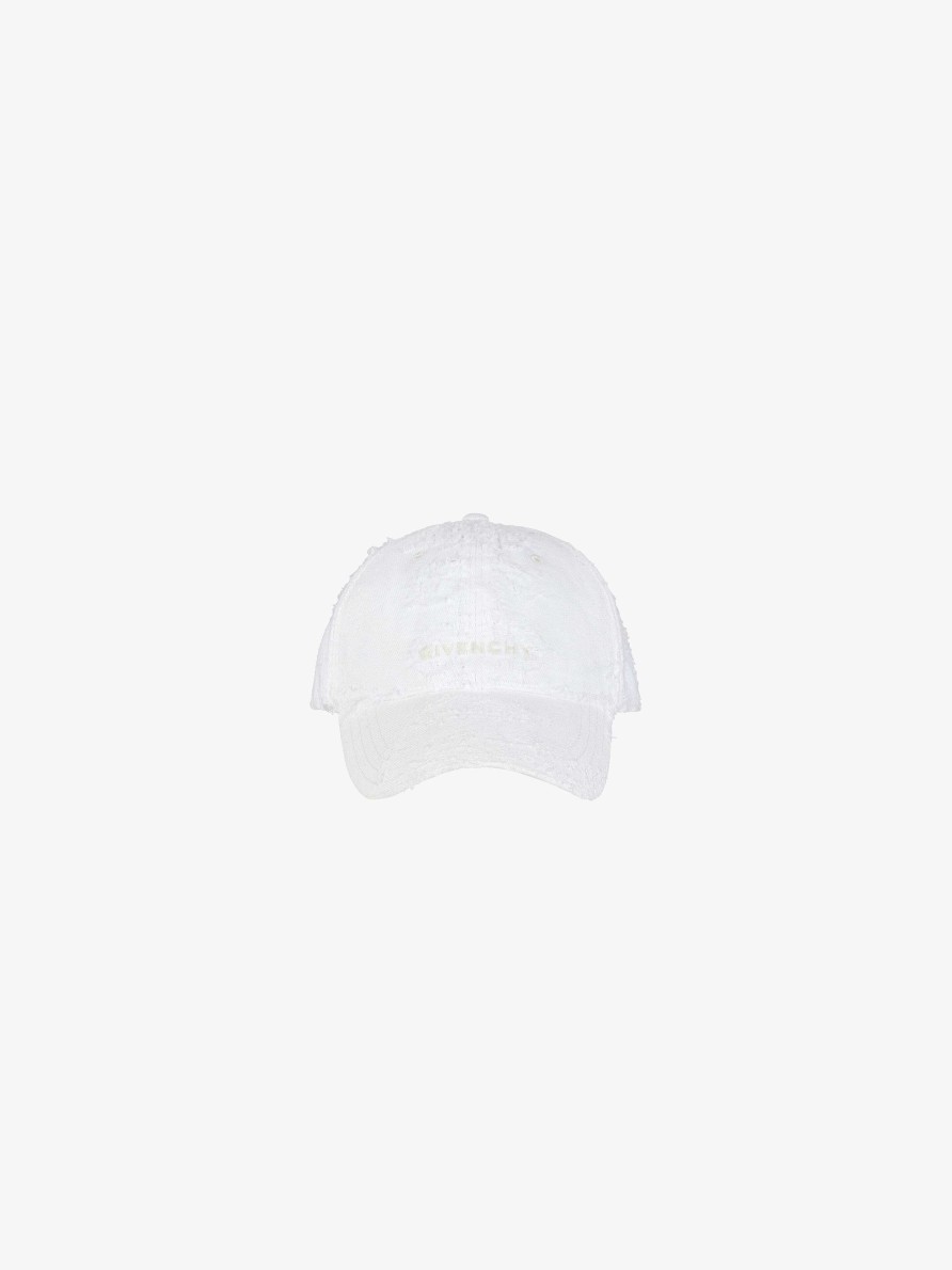 Uomini Givenchy Berretti E Berretti | Cappellino Ricamato Givenchy In Denim Rip And Repair Bianco