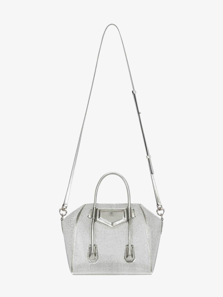 Donne Givenchy Antigona | Borsa Mini Antigona Lock In Raso, Strass E Pelle Grigio Argentato