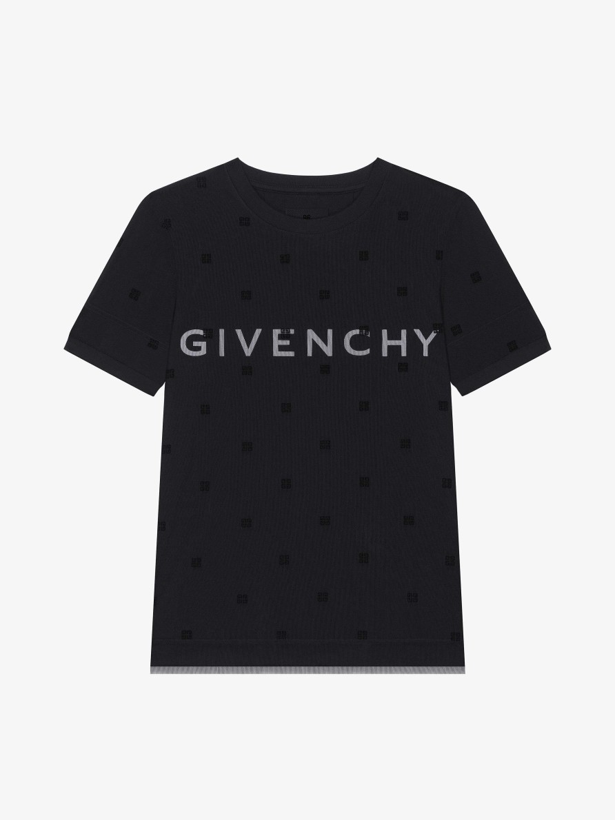 Donne Givenchy Magliette | T-Shirt Aderente A Doppio Strato In Cotone Con Tulle 4G Nero