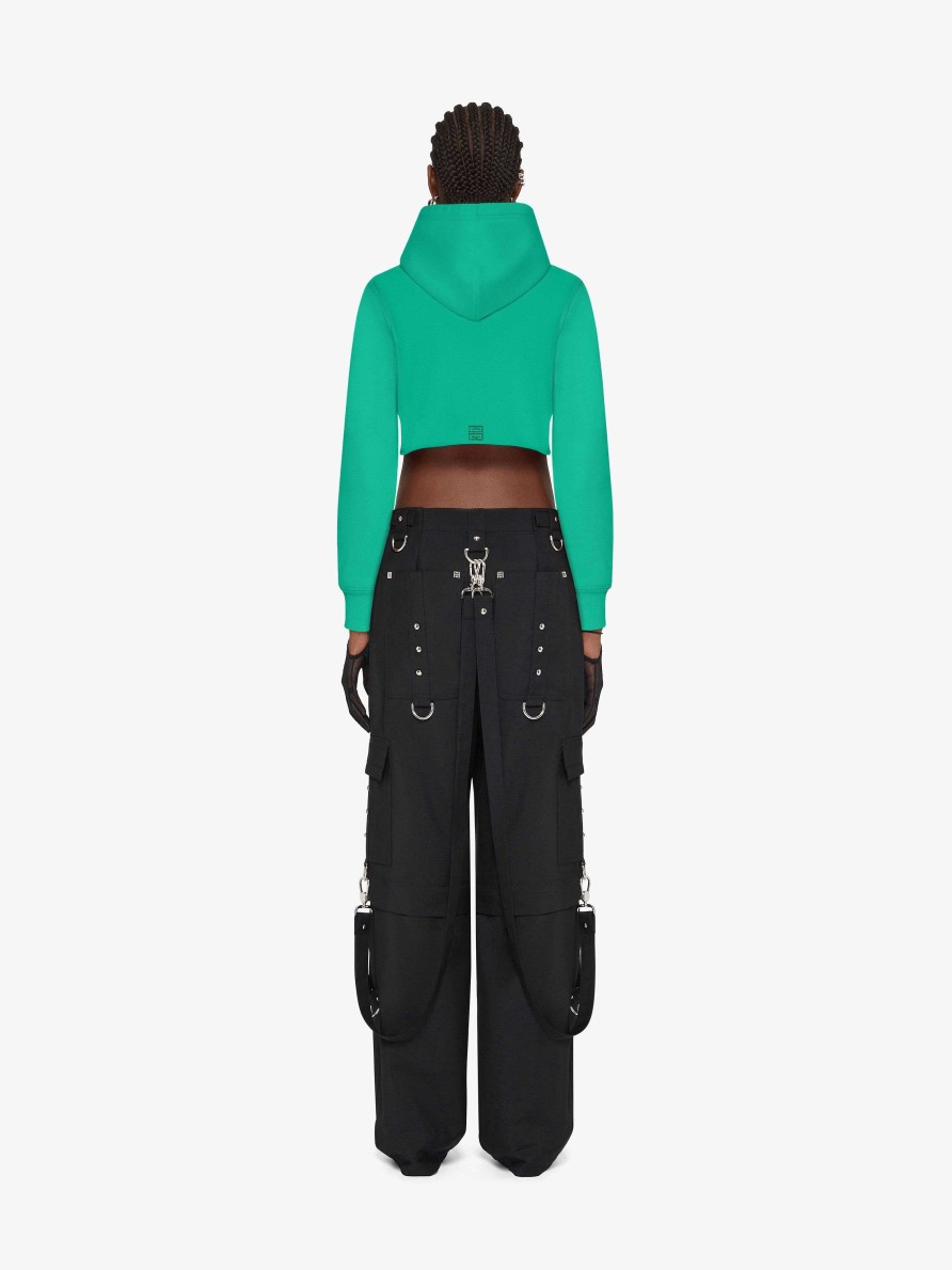 Donne Givenchy Felpe E Felpe Con Cappuccio | Felpa Cropped Con Cappuccio In Pile Con Strass Givenchy Assenzio Verde