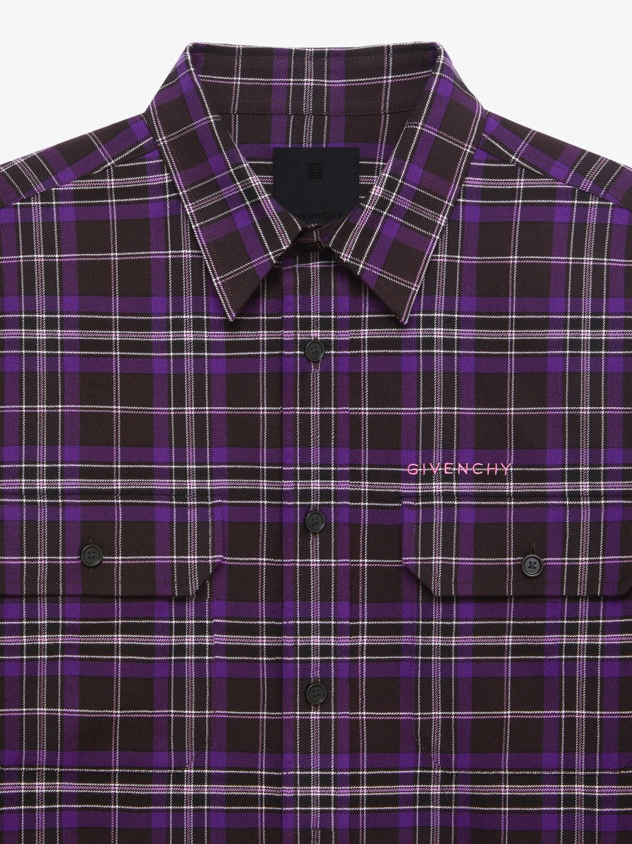 Uomini Givenchy Camicie | Camicia A Quadri In Lana E Cotone Viola Scuro