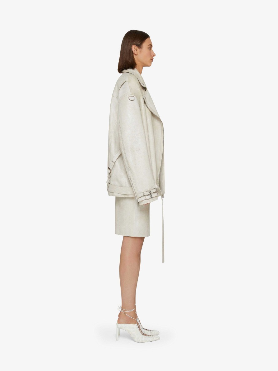 Donne Givenchy Capispalla E Giubbotti | Giubbotto Biker Oversize Voyou In Pelle Beige Naturale