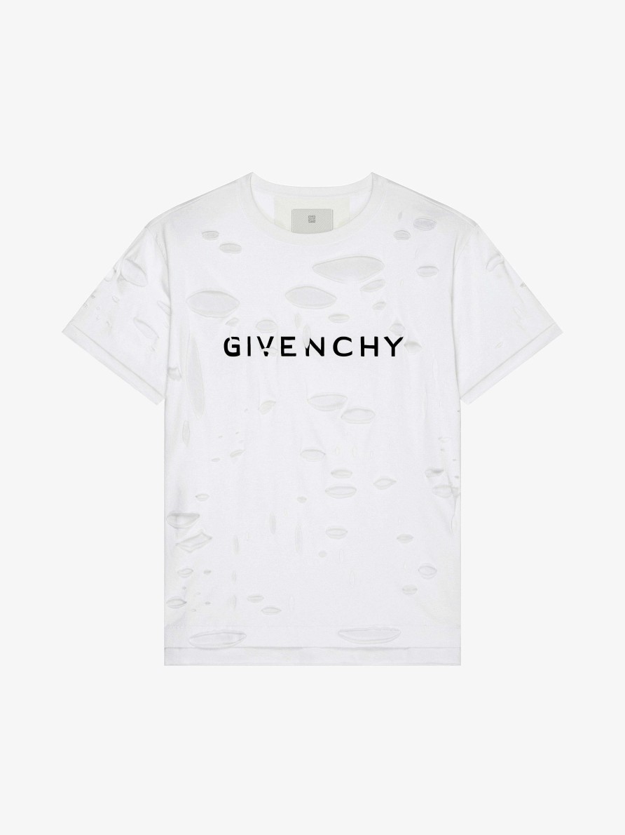 Uomini Givenchy Magliette | T-Shirt Oversize Di Givenchy In Cotone Con Effetto Distrutto Bianco