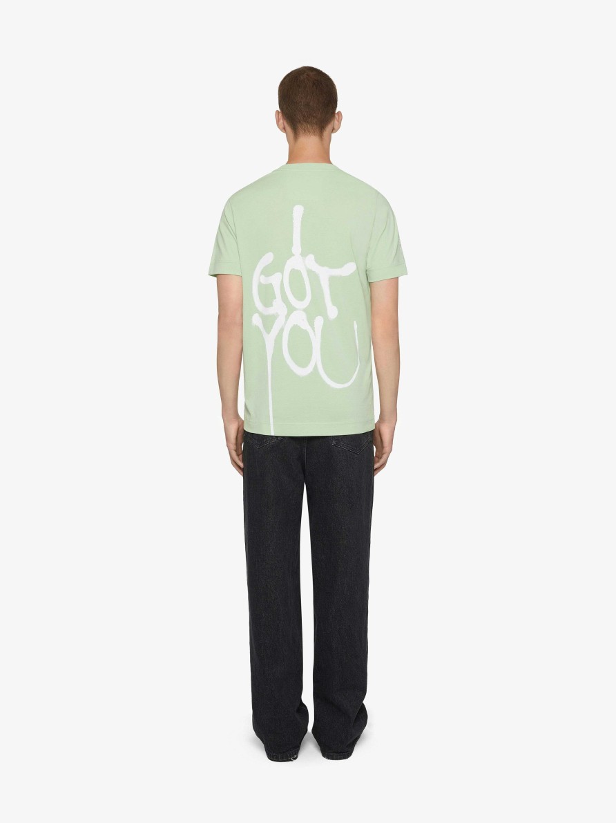 Uomini Givenchy Magliette | T-Shirt Slim Fit In Cotone Con Stampe Givenchy Verde Acqua