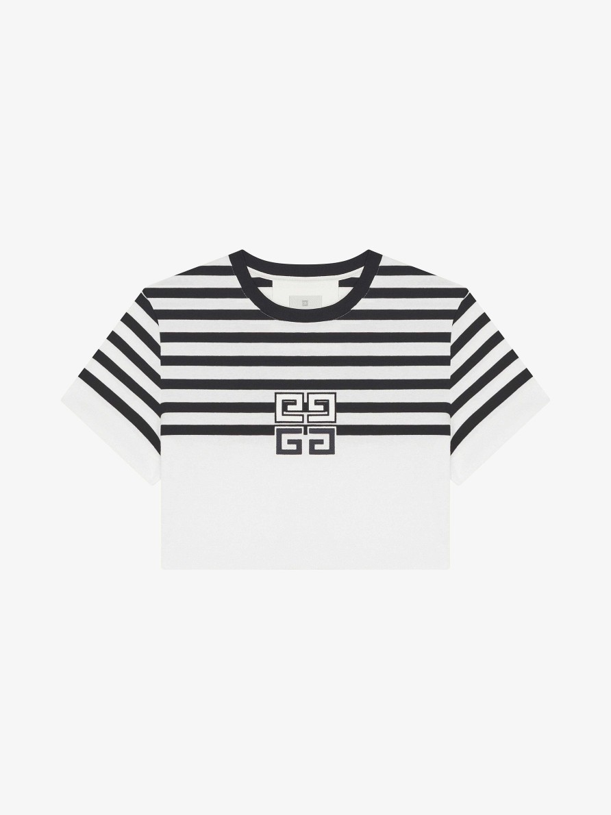 Donne Givenchy Magliette | T-Shirt Cropped 4G In Cotone Con Righe Bianco Nero