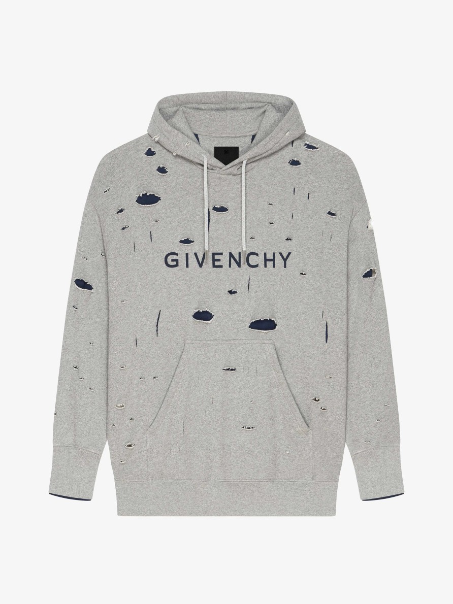 Uomini Givenchy Felpe E Felpe Con Cappuccio | Felpa Oversize Con Cappuccio Di Givenchy In Pile Distrutto Grigio/Blu