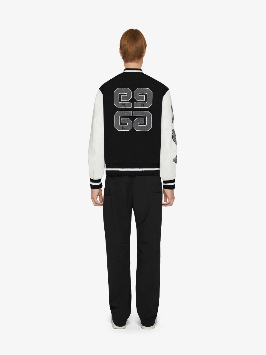 Uomini Givenchy Capispalla E Giubbotti | Giacca Varsity In Lana E Pelle Ricamata Nero Bianco