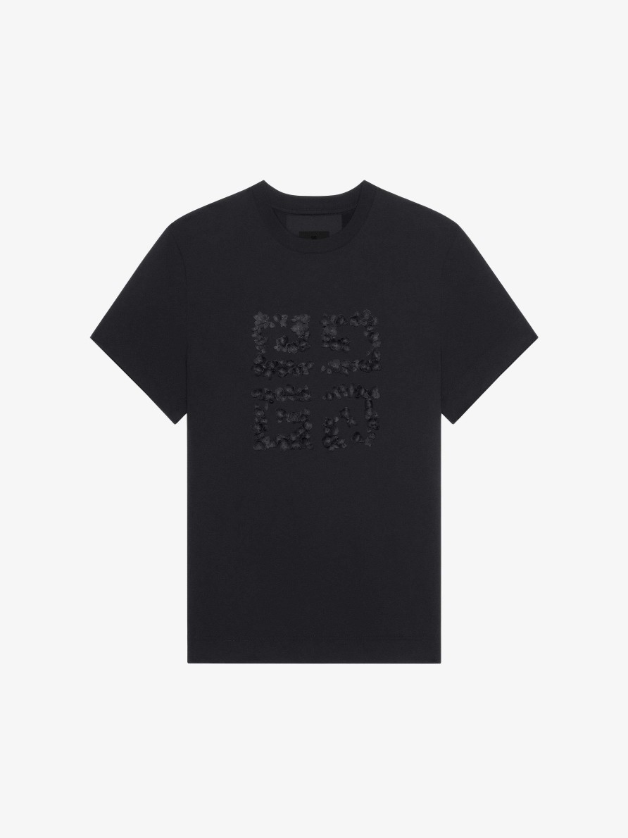 Donne Givenchy Magliette | T-Shirt In Cotone Con Stemma 4G A Fiori Nero/Nero