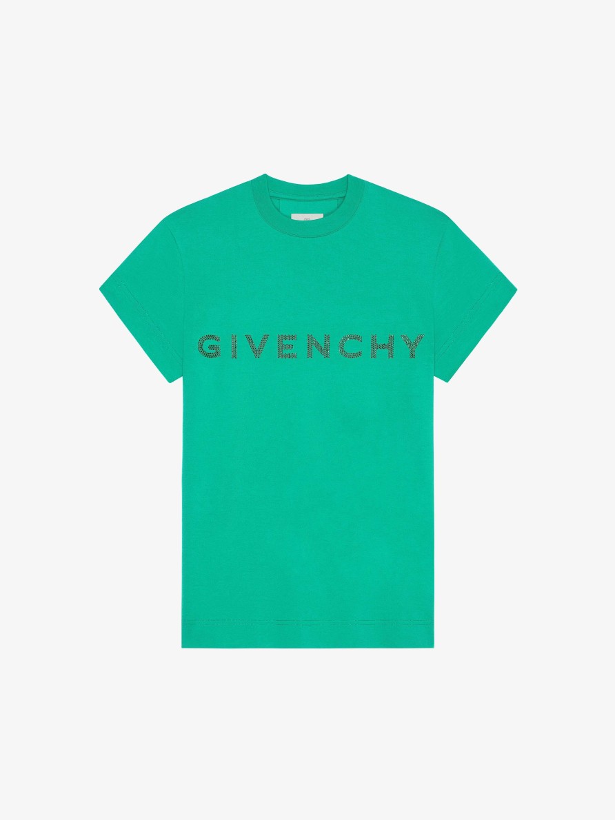 Donne Givenchy Magliette | T-Shirt Slim Fit In Cotone Con Strass Di Givenchy Assenzio Verde