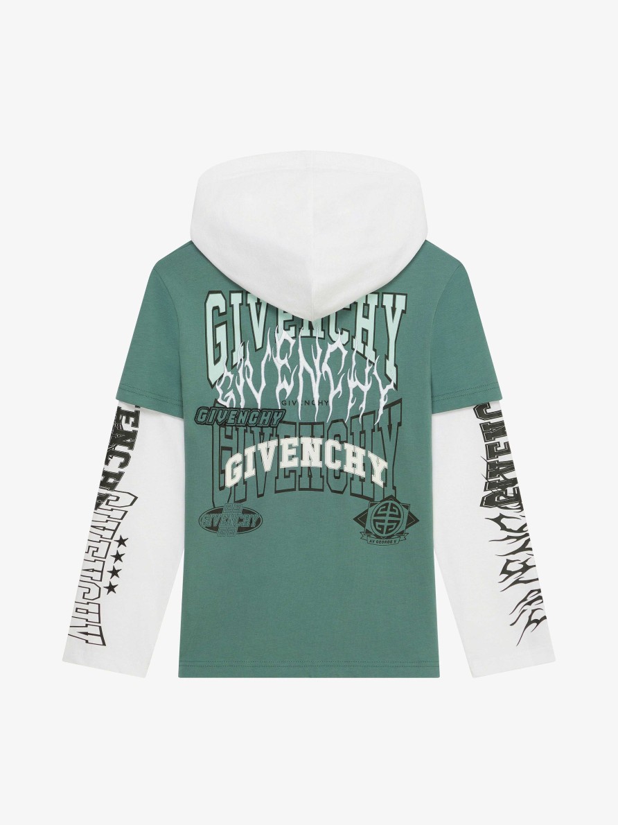 Uomini Givenchy Ragazzo (Da 4 A 12 Anni) | T-Shirt Con Cappuccio Sovrapposto In Cotone Bianco/Verde Grigiastro