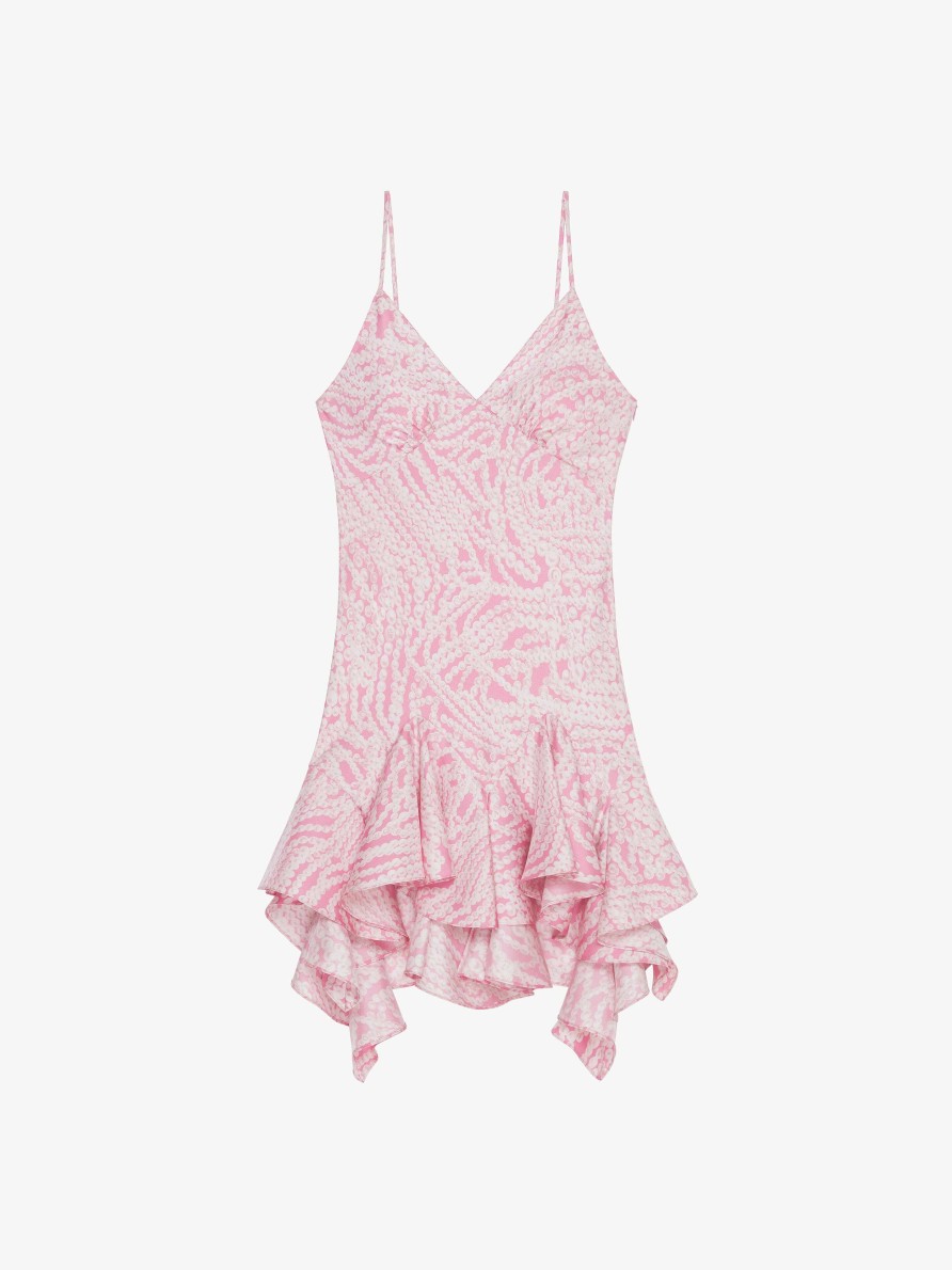 Donne Givenchy Vestiti | Abito Con Spalline In Seta Stampata Con Volant Rosa/Bianco