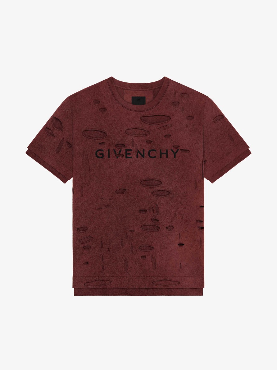 Uomini Givenchy Magliette | T-Shirt Oversize Di Givenchy In Cotone Distrutto Rosso Scuro