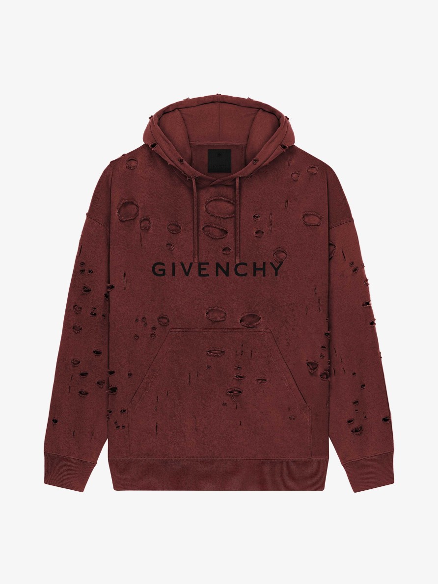 Uomini Givenchy Felpe E Felpe Con Cappuccio | Felpa Con Cappuccio Di Givenchy In Pile Distrutto Rosso Scuro