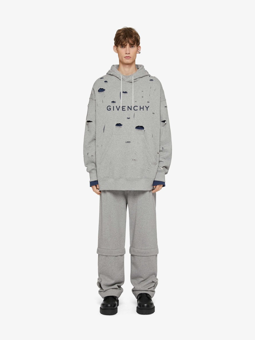 Uomini Givenchy Felpe E Felpe Con Cappuccio | Felpa Oversize Con Cappuccio Di Givenchy In Pile Distrutto Grigio/Blu